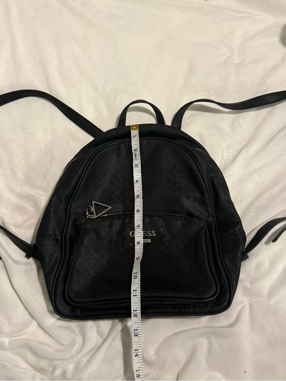 GUESS Black Logo-Print Mini Backpack with Triangle Charm